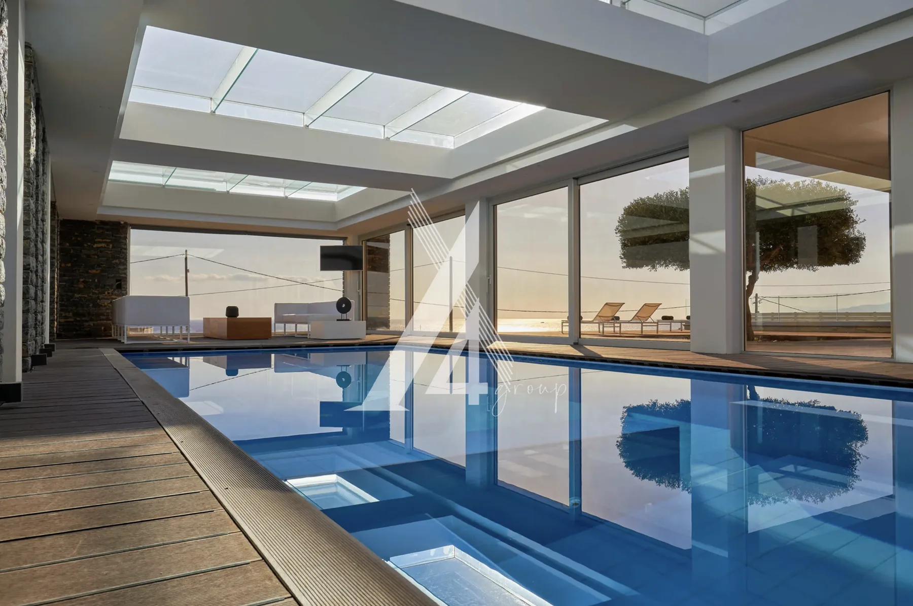 Pool and lounge at golden hour